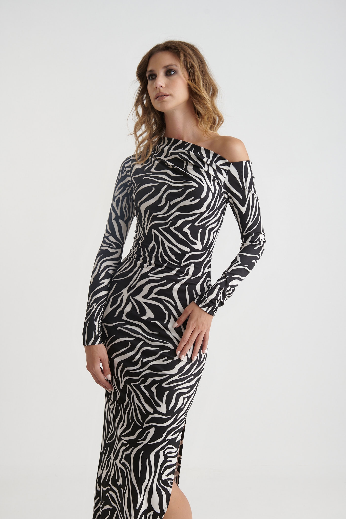 Side Drape Zebra Print Maxi Dress