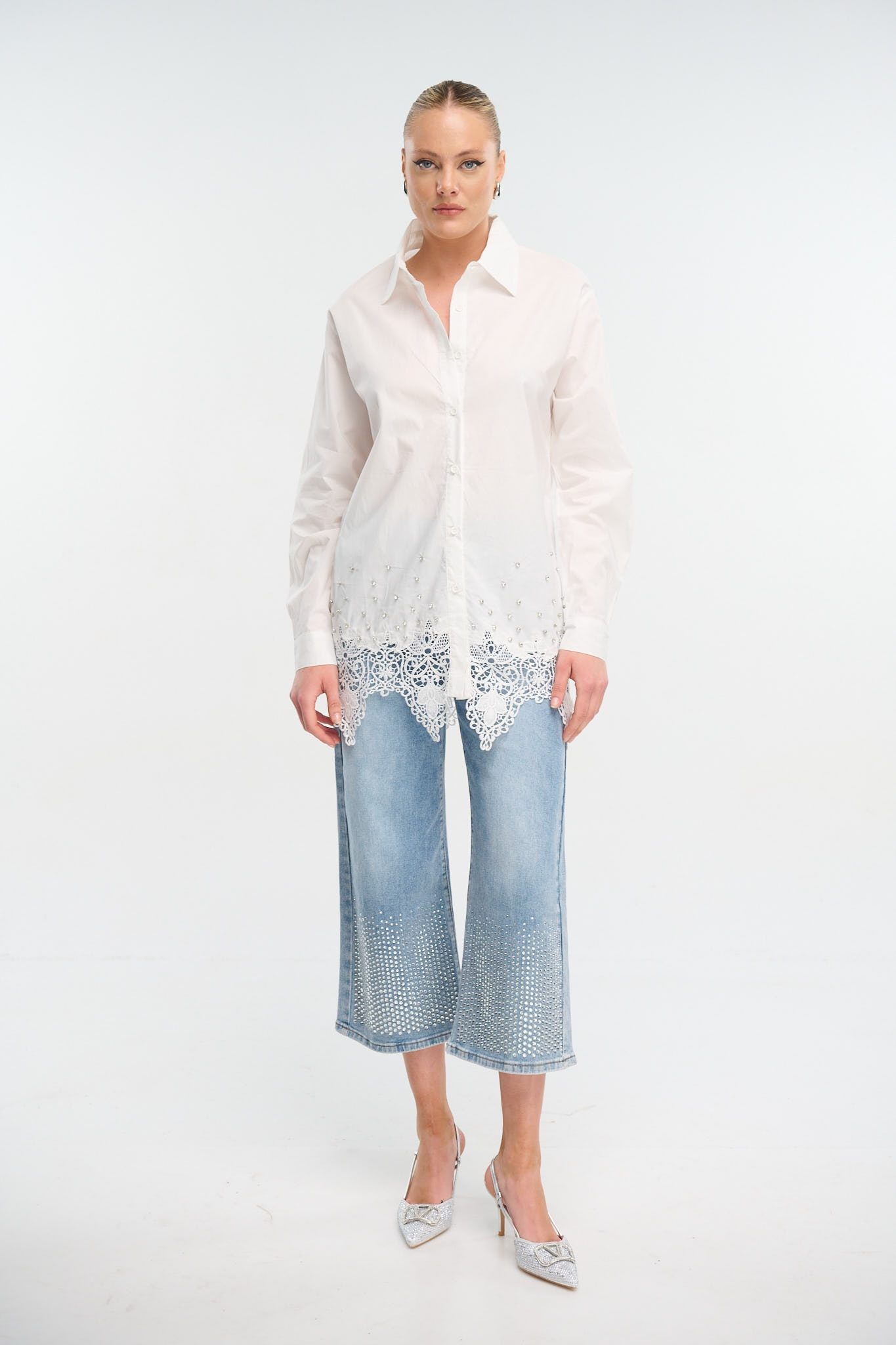 Rhinestoned Laceworked  Shirt