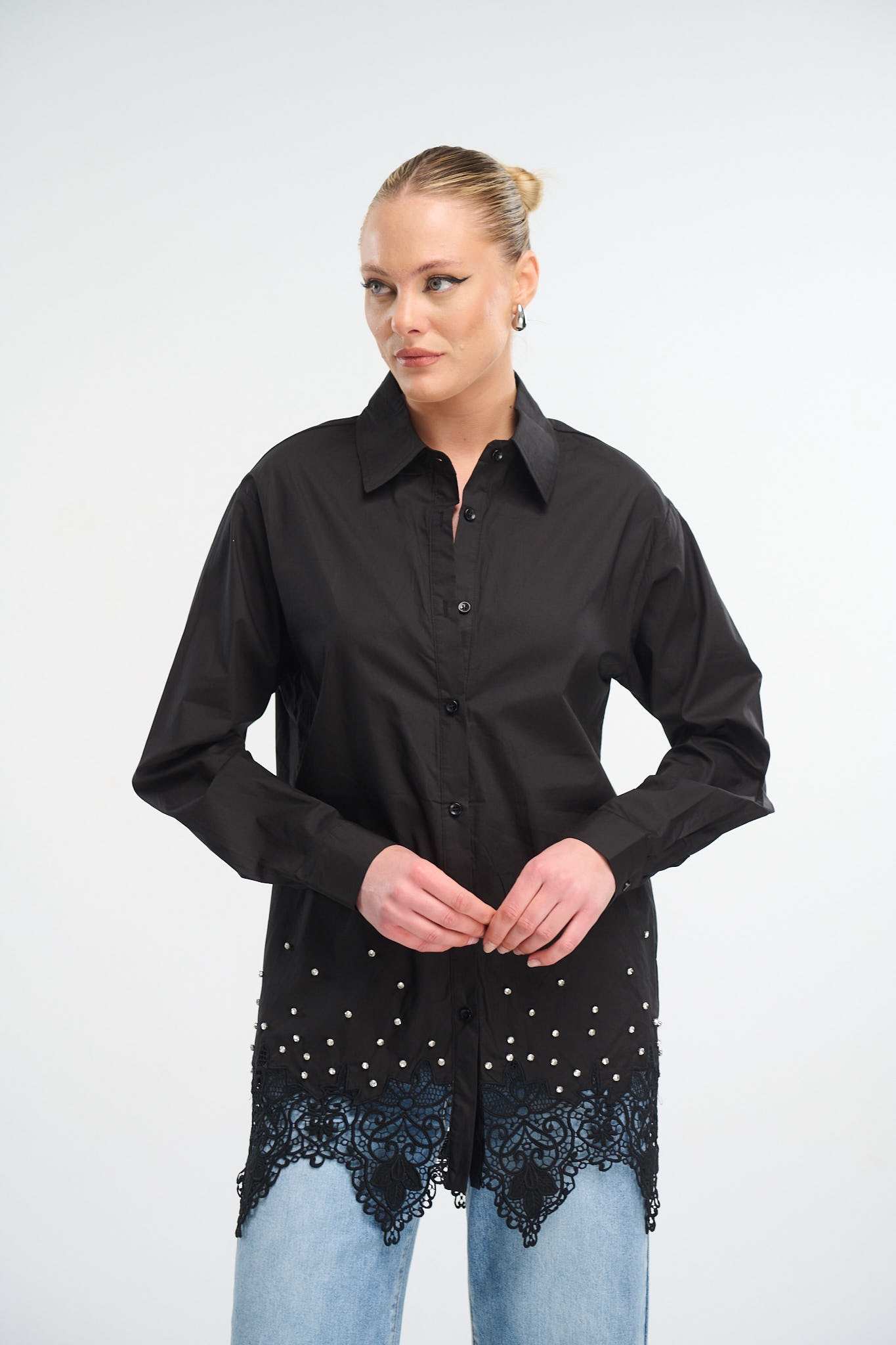 Rhinestoned Laceworked  Shirt