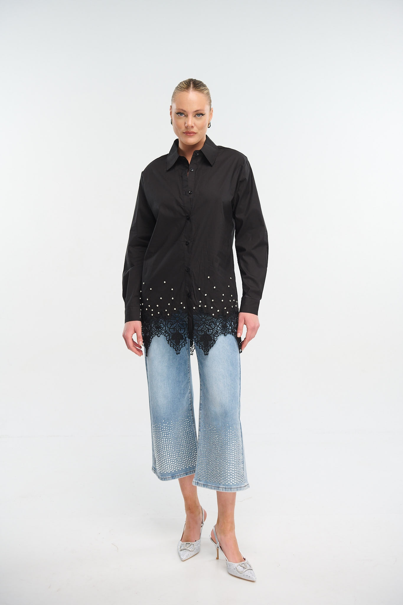 Rhinestoned Laceworked  Shirt