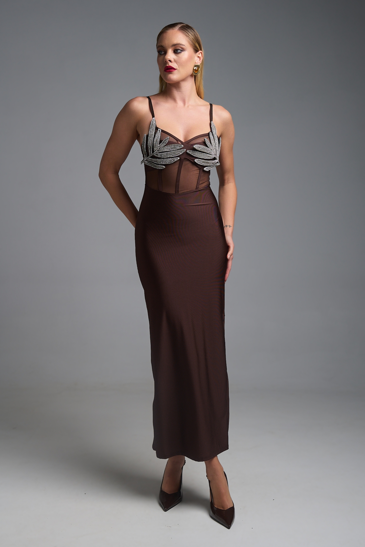 Φόρεμα Μάξι Τιράντα Με Φύλλα Στρας