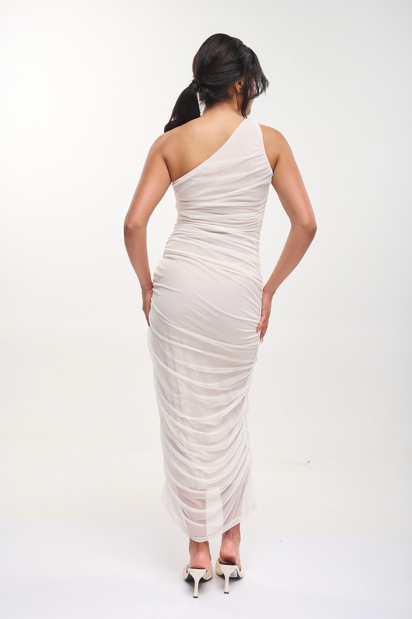 One-shoulder Ruched Tulle Maxi Dress