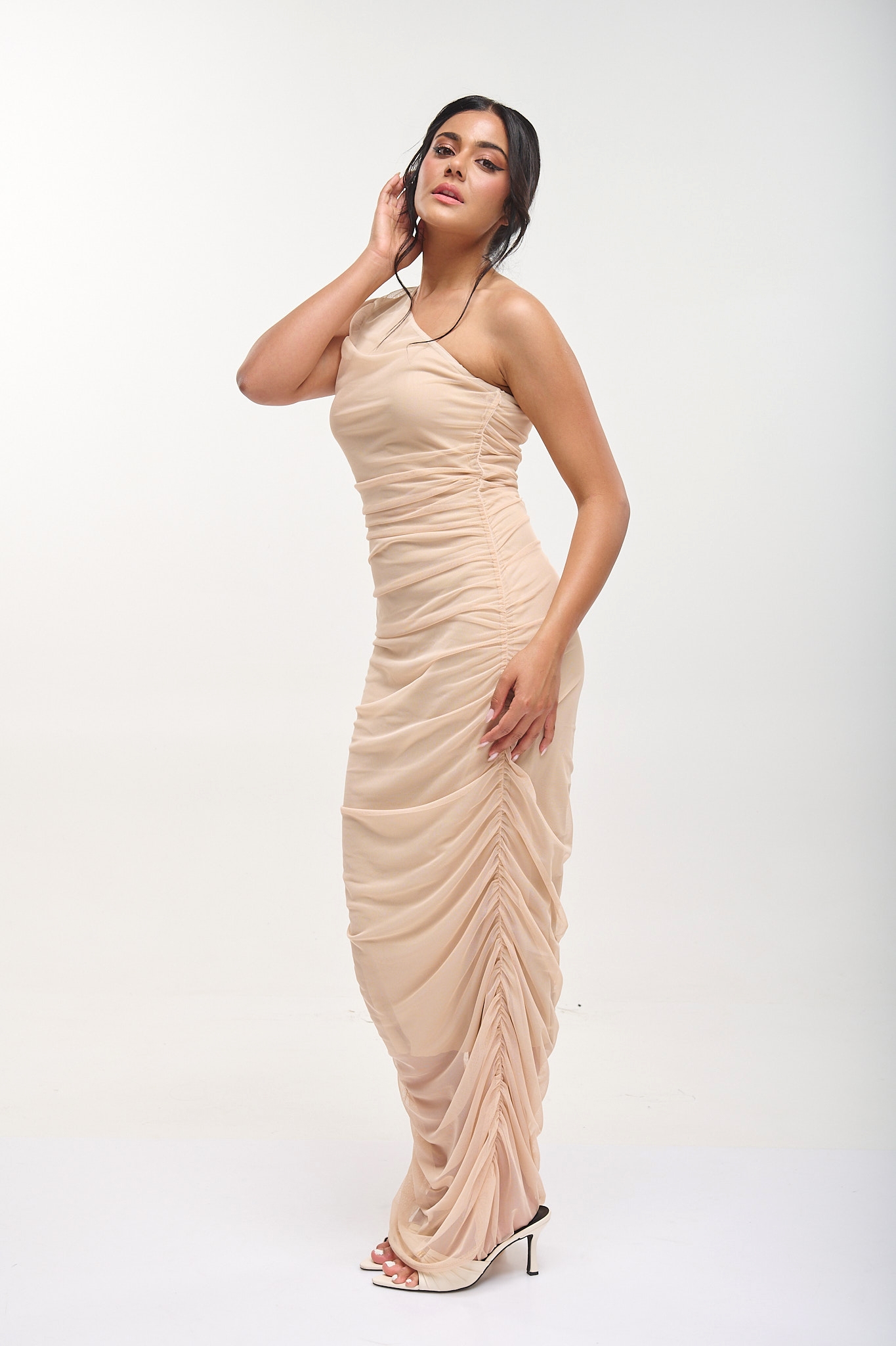 One-shoulder Ruched Tulle Maxi Dress