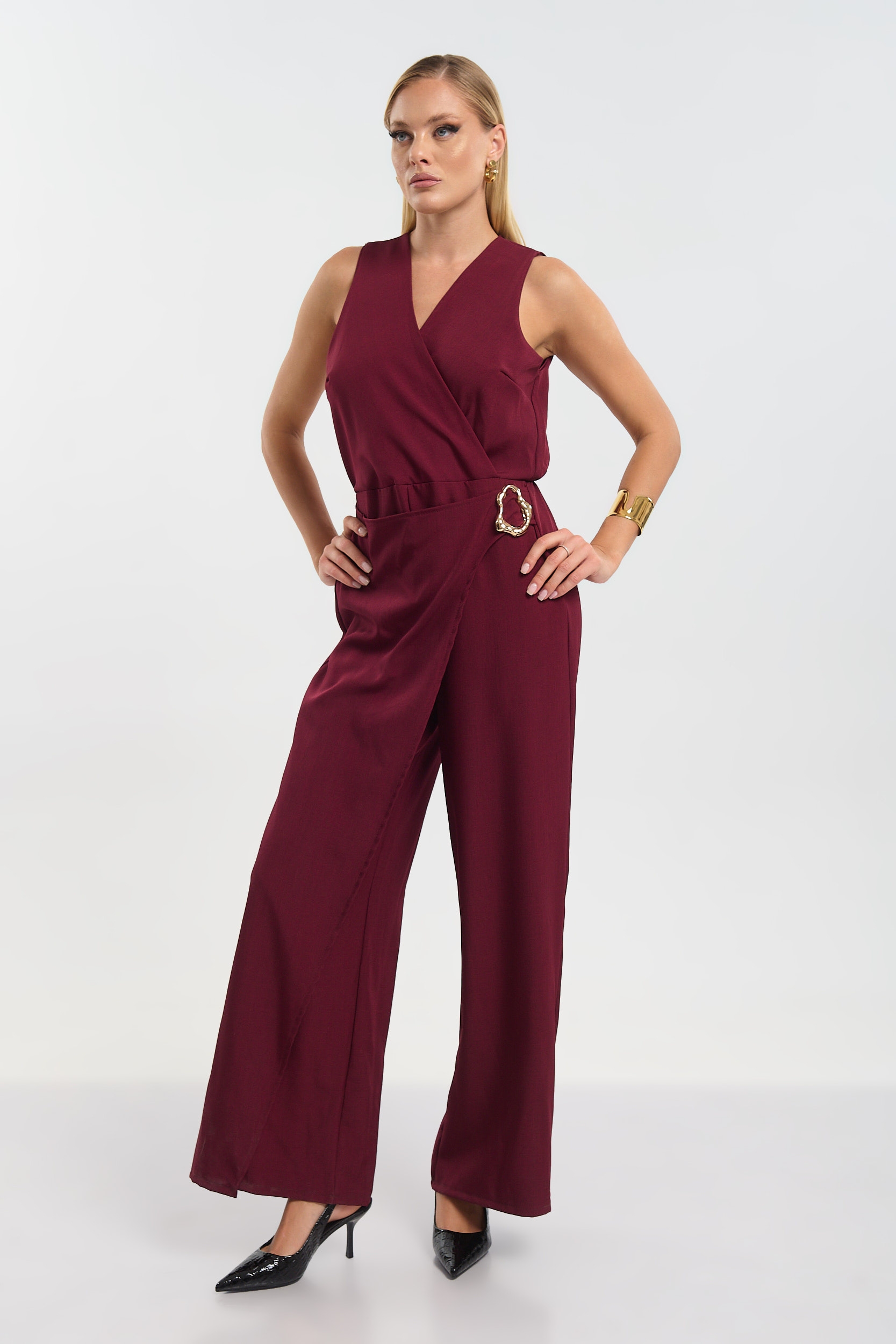 Sleeveless Wrap Jumpsuit with Side Tie & Gold Buckle