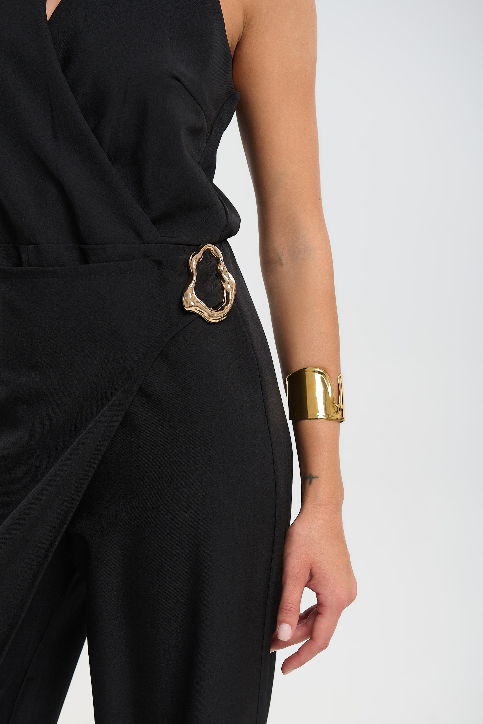 Sleeveless Wrap Jumpsuit with Side Tie & Gold Buckle