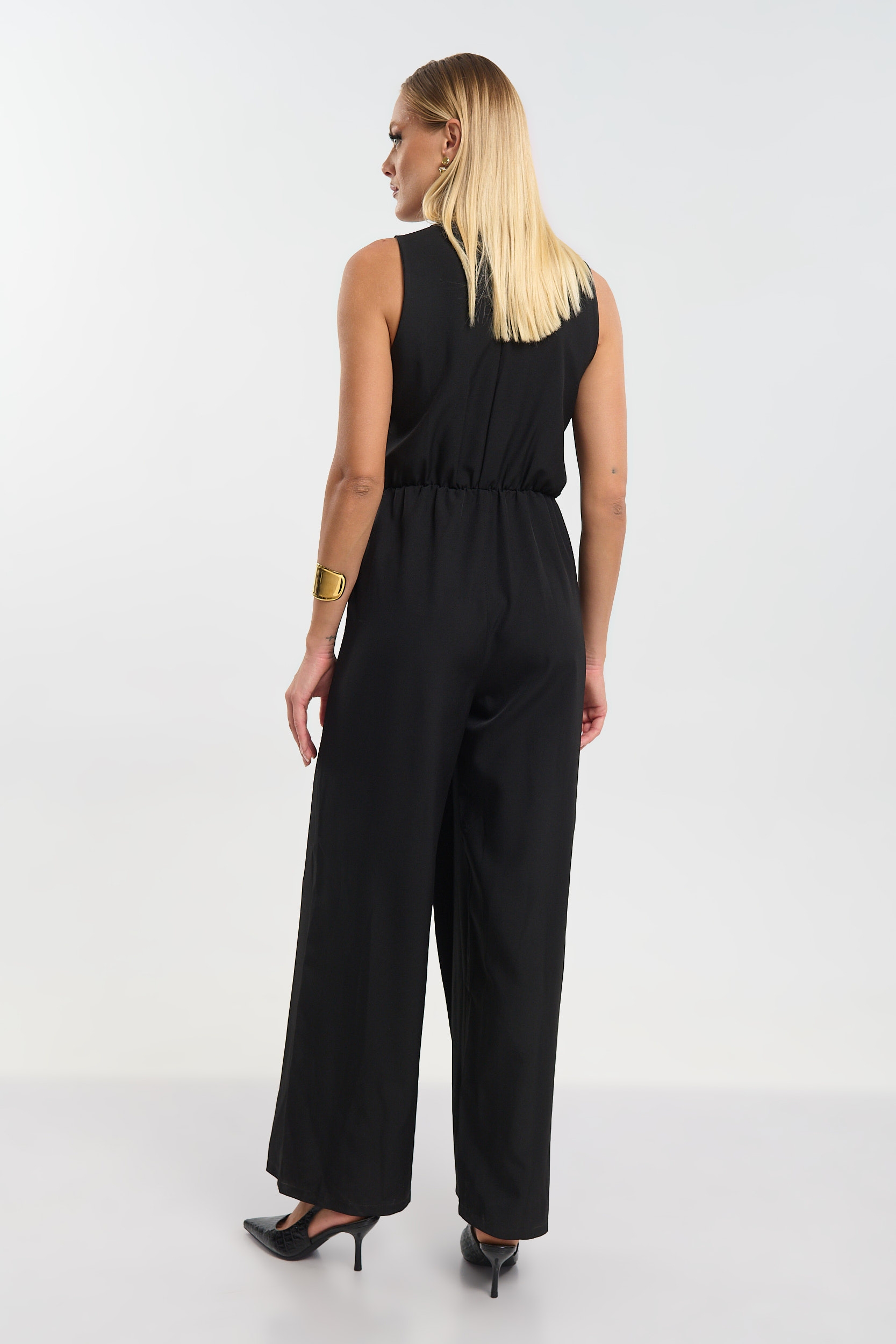 Sleeveless Wrap Jumpsuit with Side Tie & Gold Buckle