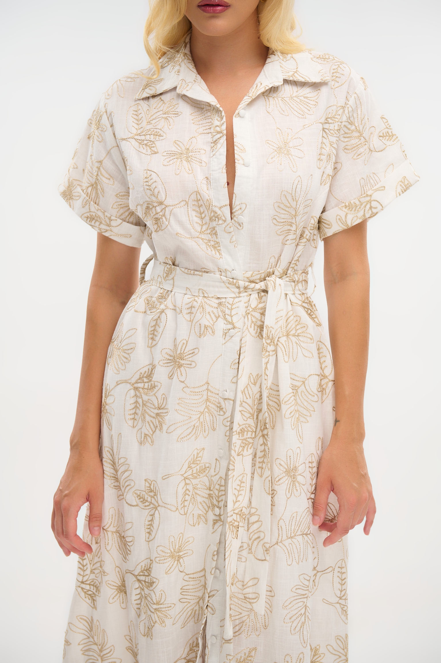 Maxi Shirt Dress with Short Sleeves and Gold Prints