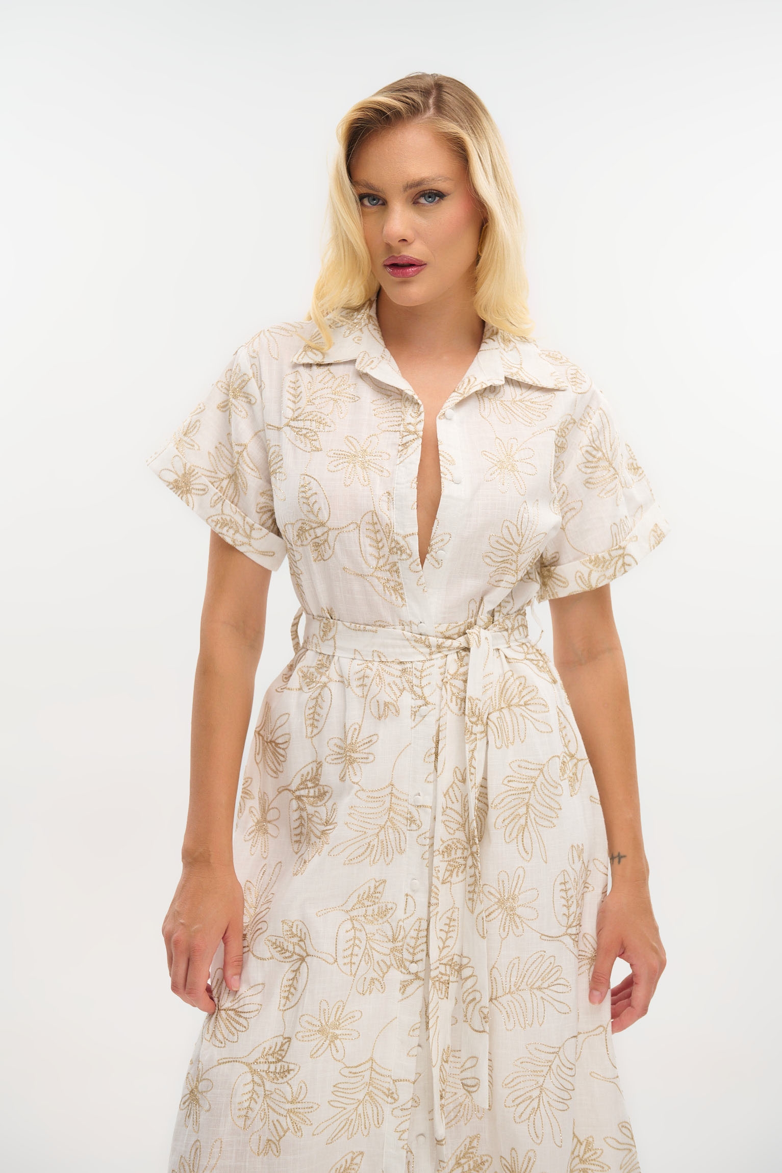 Maxi Shirt Dress with Short Sleeves and Gold Prints