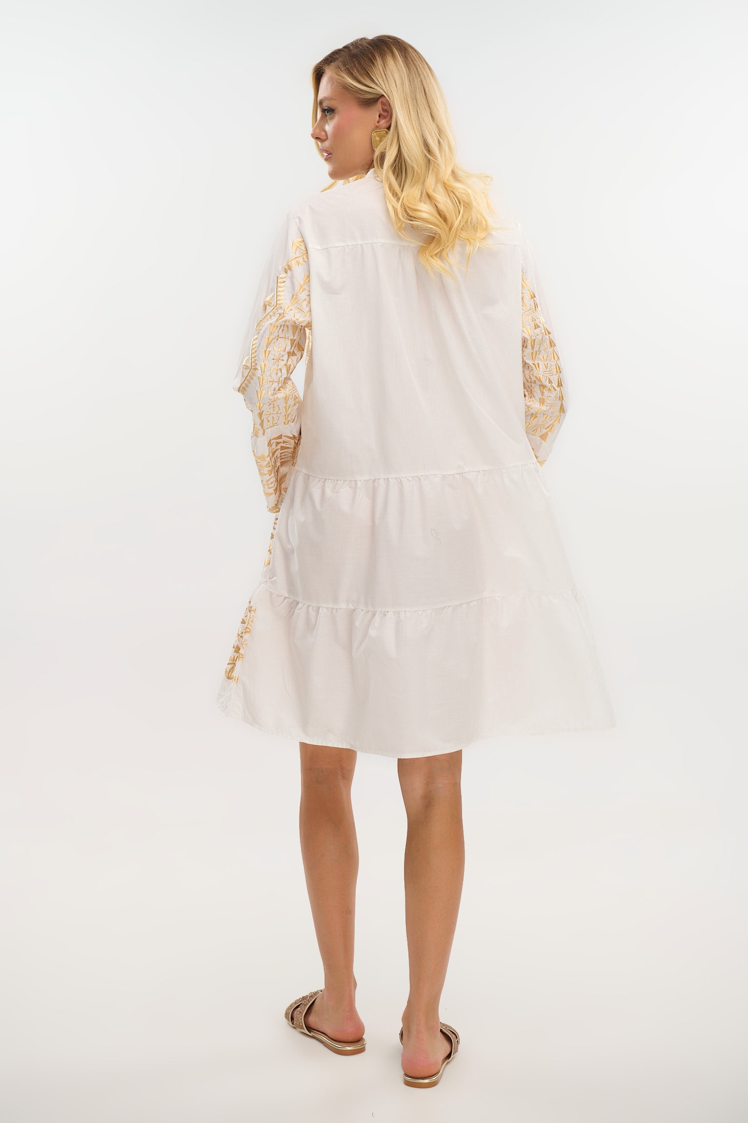 Dress with Mao Collar, 3/4 Sleeves & Gold Details
