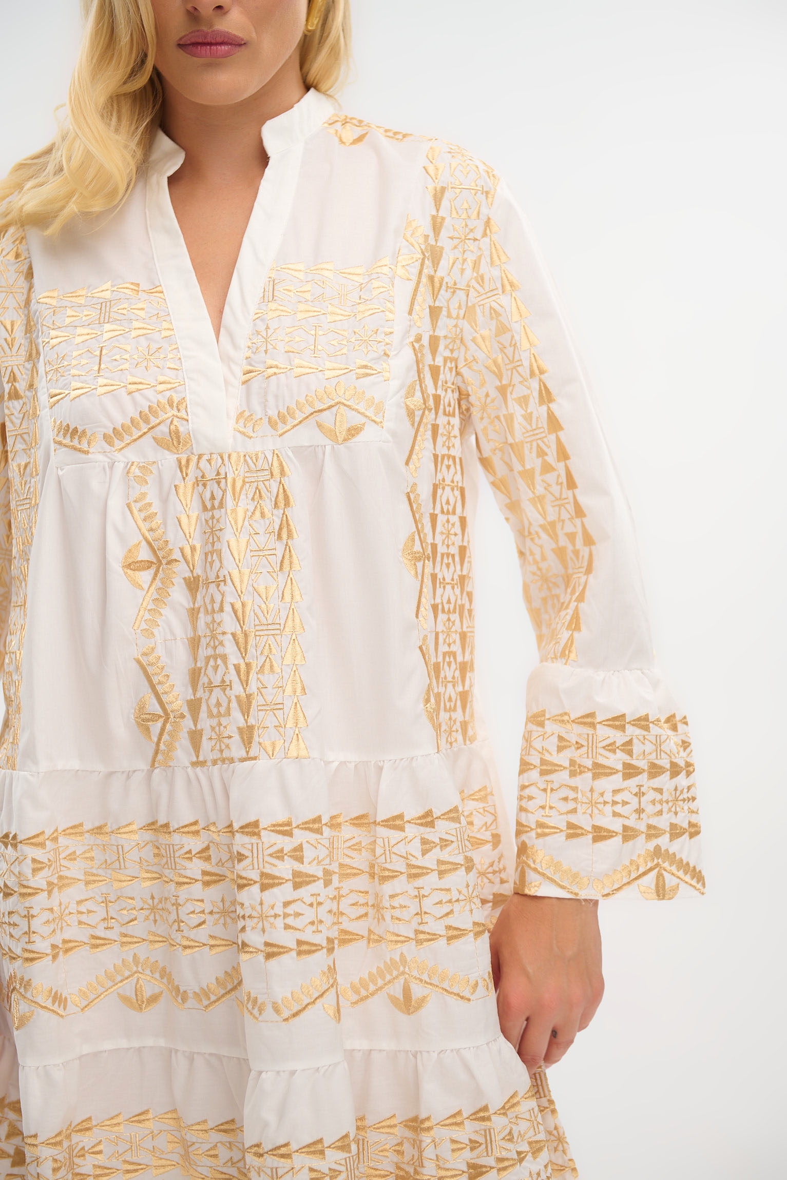 Dress with Mao Collar, 3/4 Sleeves & Gold Details