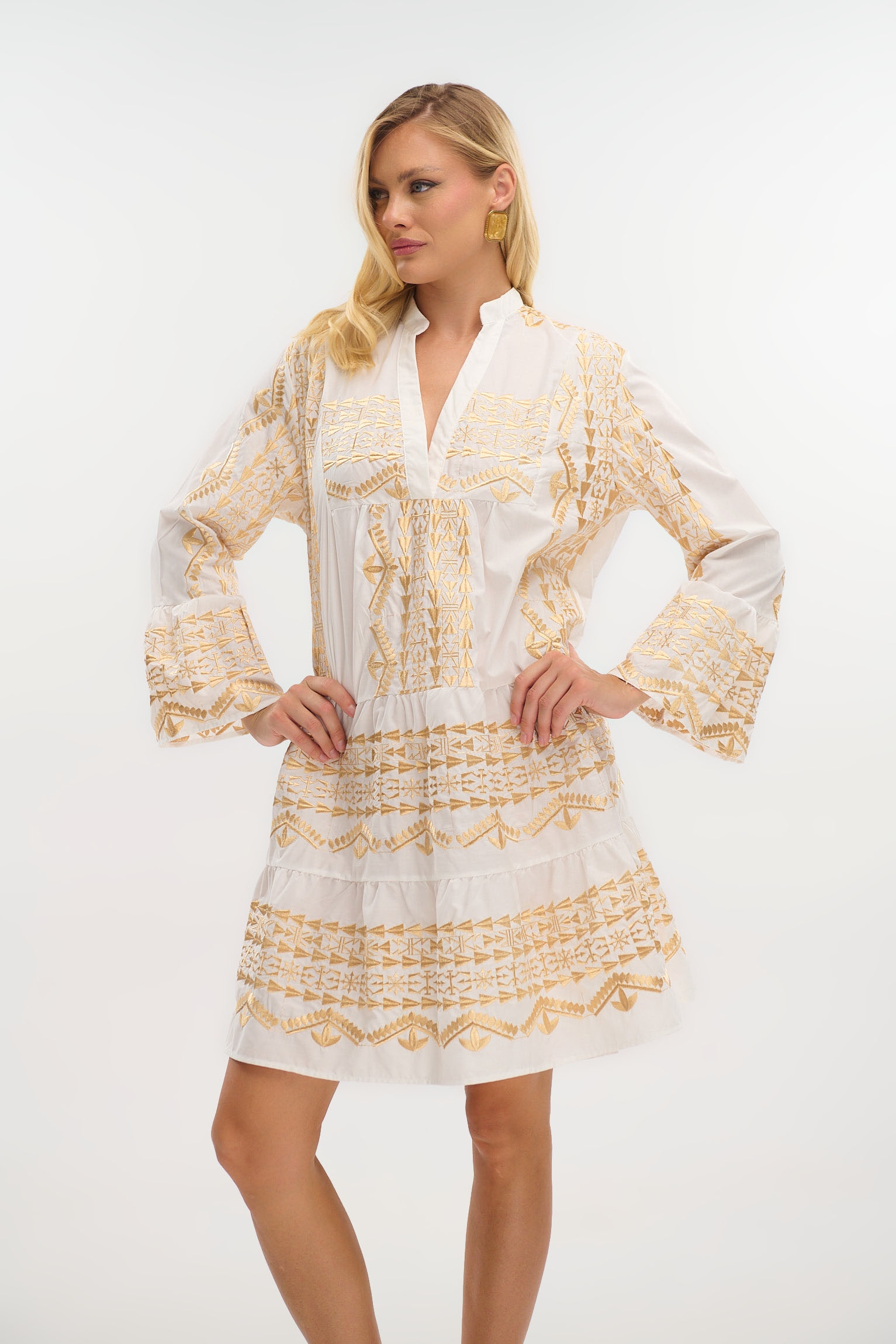 Dress with Mao Collar, 3/4 Sleeves & Gold Details