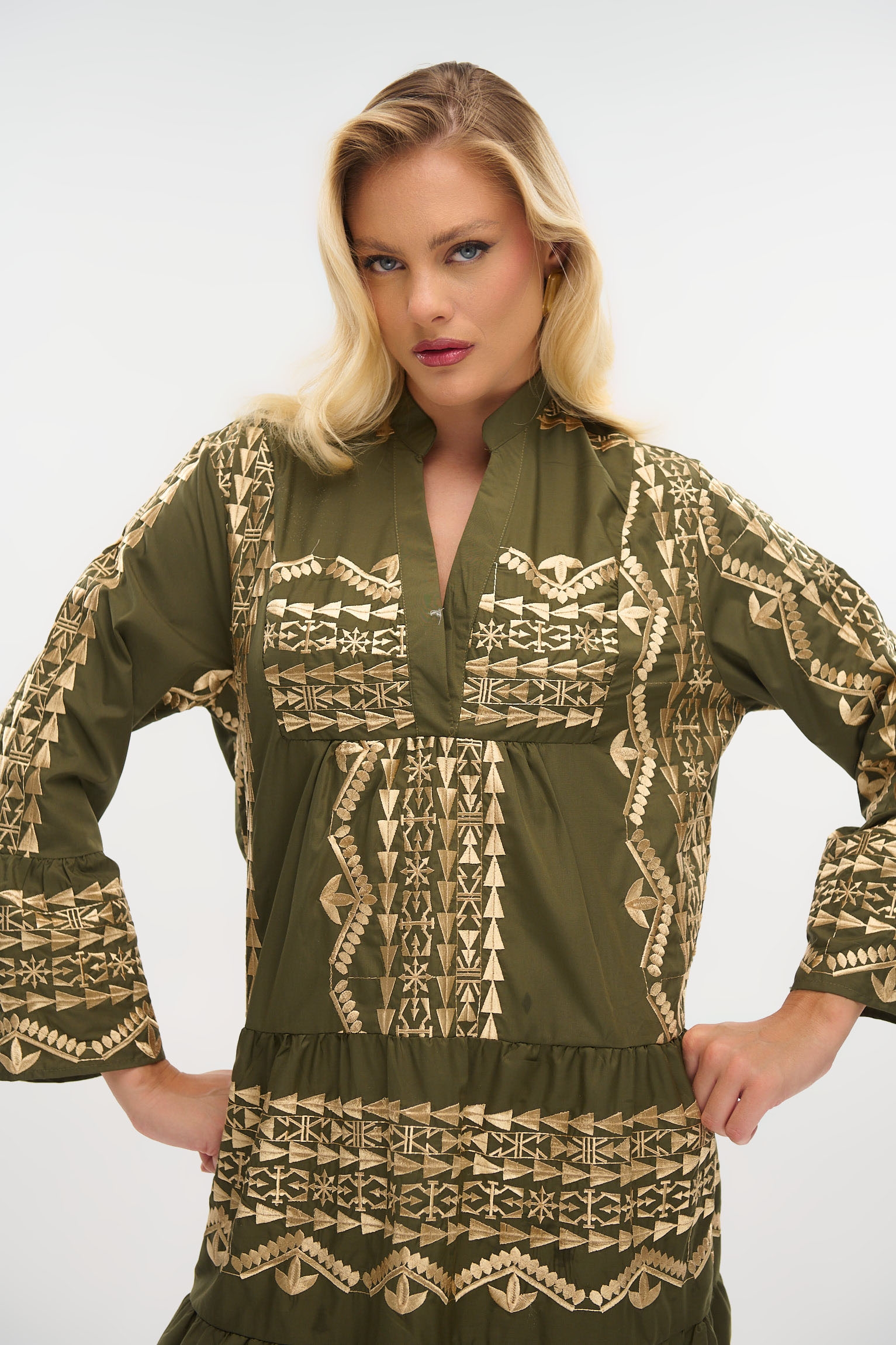 Dress with Mao Collar, 3/4 Sleeves & Gold Details