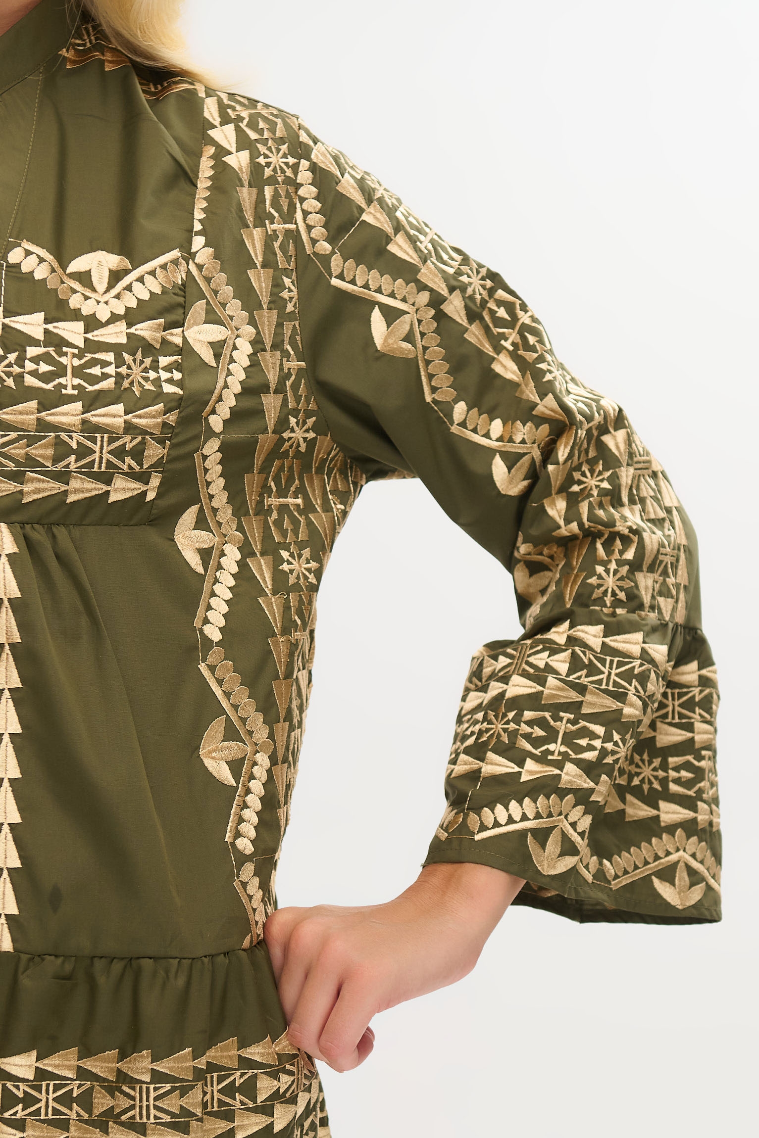 Dress with Mao Collar, 3/4 Sleeves & Gold Details