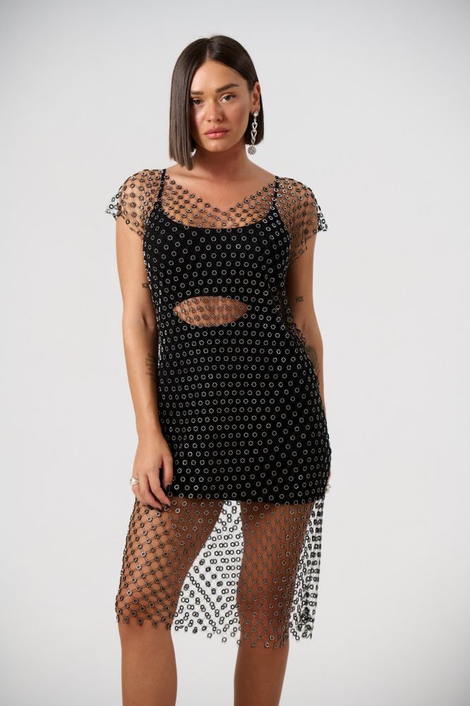 Rhinestone Details Mesh Tunic