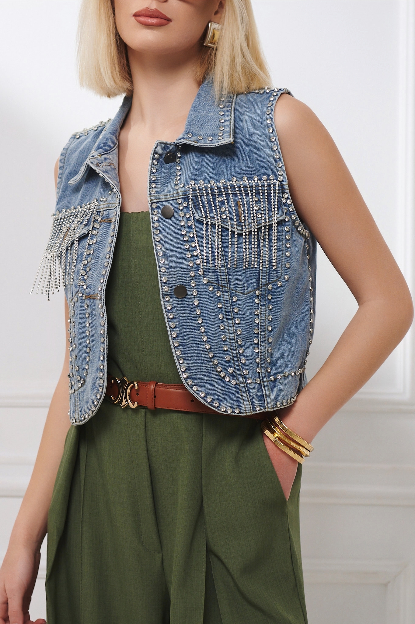 Jean Vest With Rhinestones