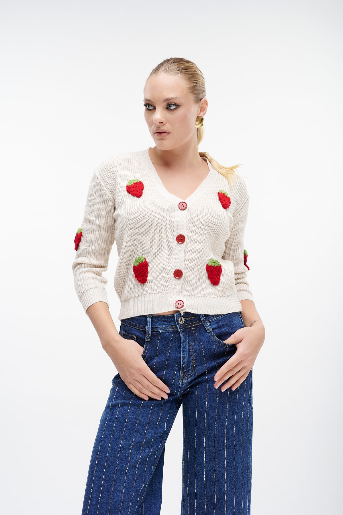 Red Strawberries Decorated Knitted Cardigan