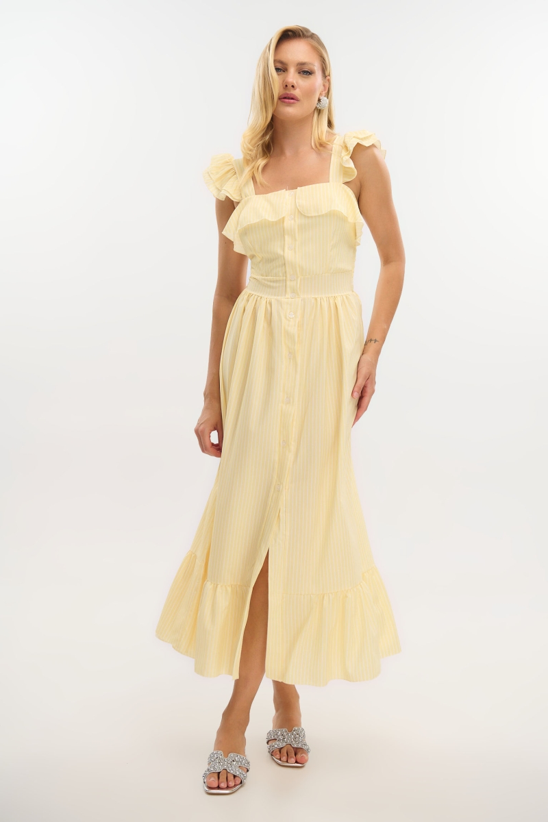 Striped Maxi Dress with Buttons & Ruffled Straps