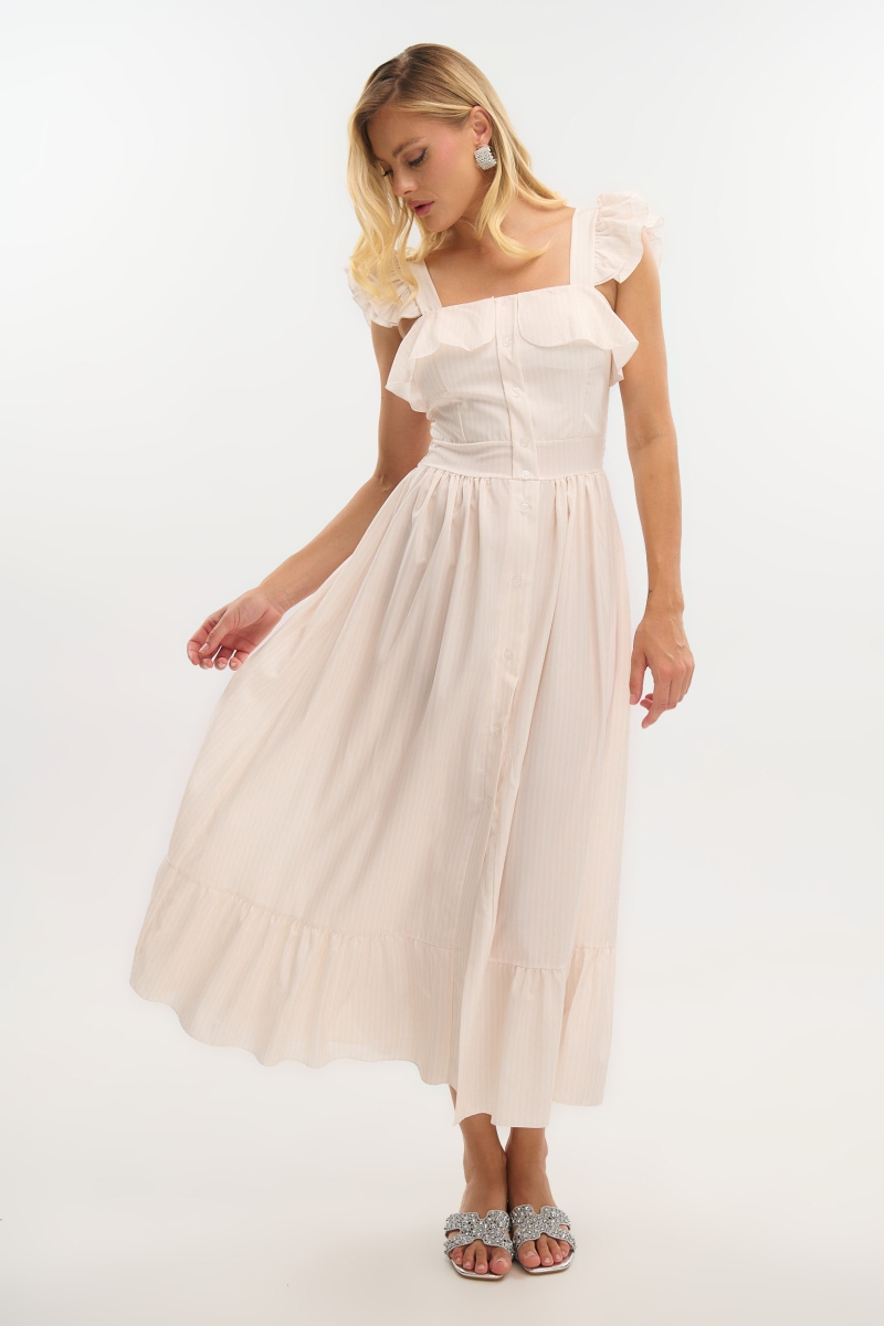 Striped Maxi Dress with Buttons & Ruffled Straps