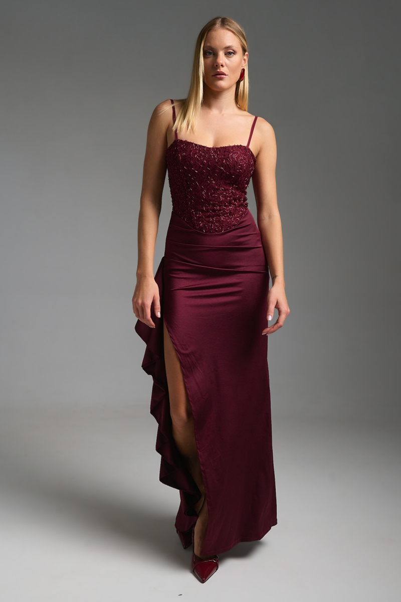 Φόρεμα Μάξι Στράπλες Βολάν Με Χάντρες