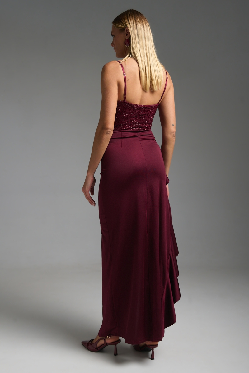 Φόρεμα Μάξι Στράπλες Βολάν Με Χάντρες