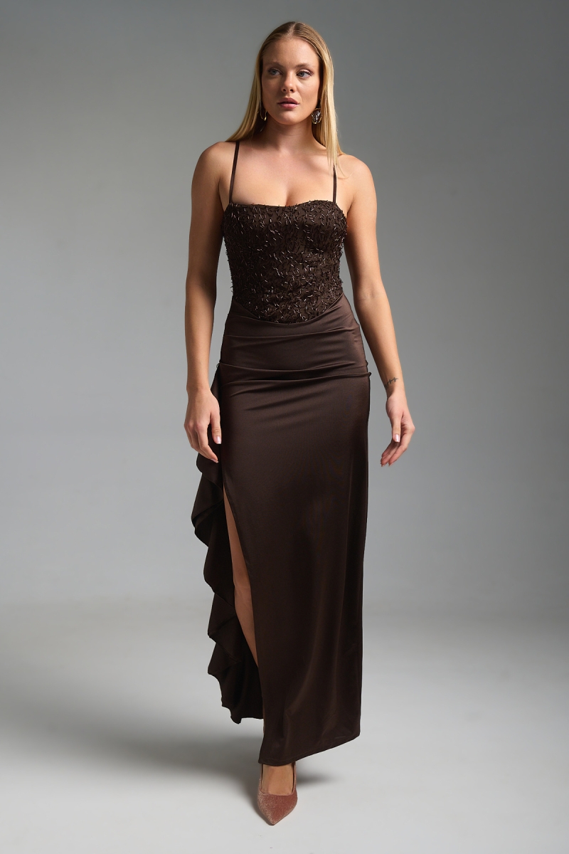 Φόρεμα Μάξι Στράπλες Βολάν Με Χάντρες