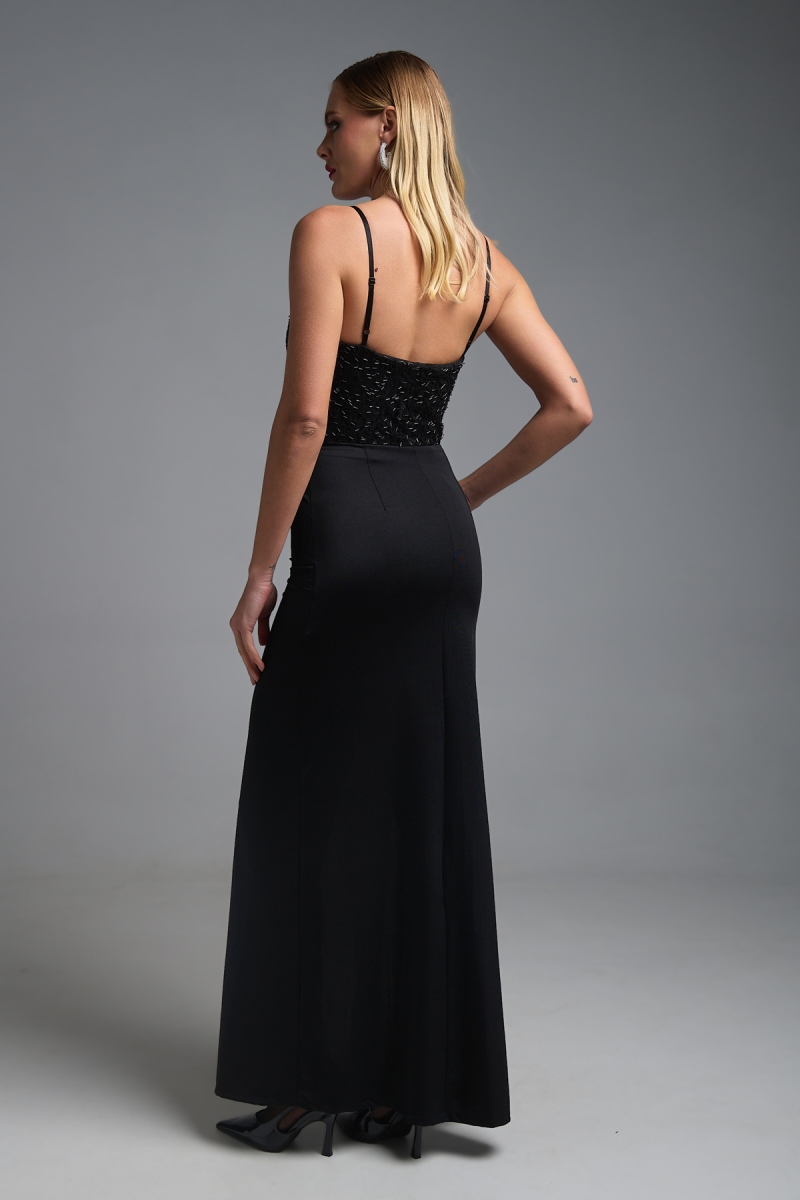 Φόρεμα Μάξι Στράπλες Βολάν Με Χάντρες