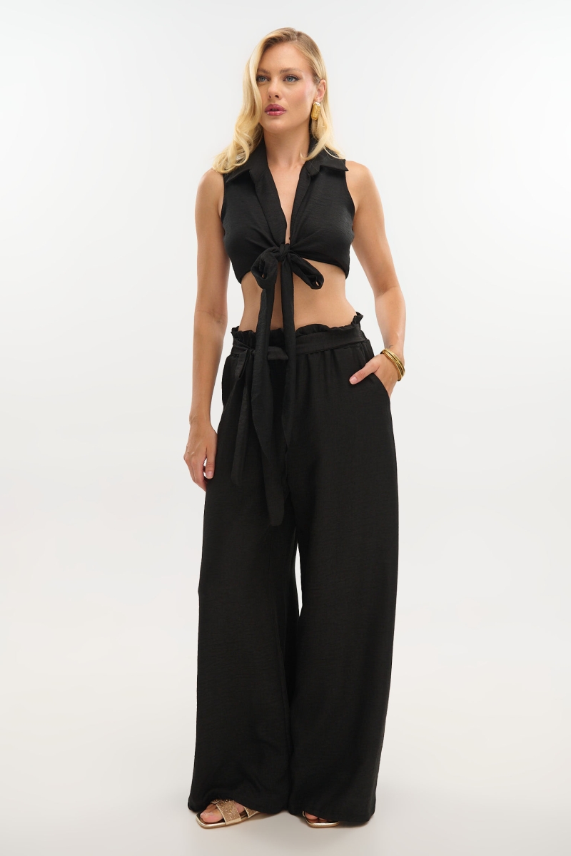 Crepe Wide-Leg Pants with Belt
