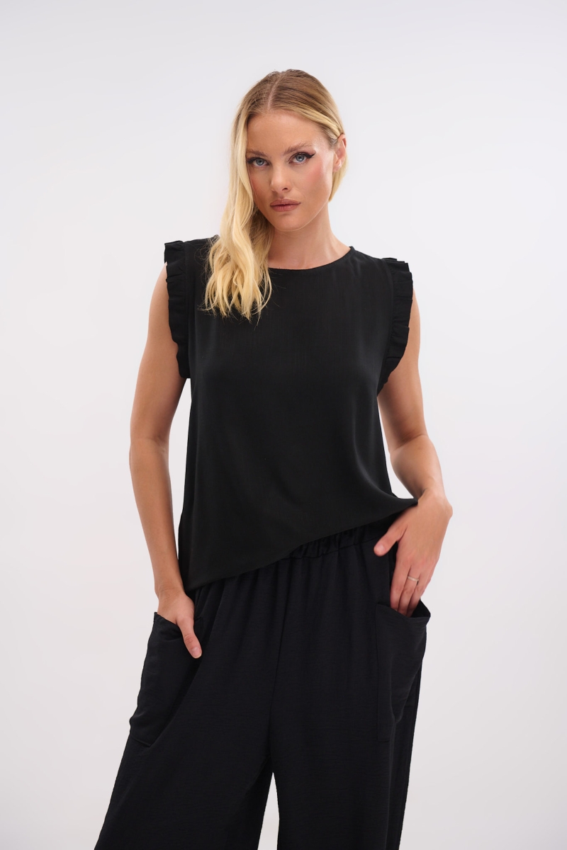 Sleeveless Top with Ruffle Shoulder Details