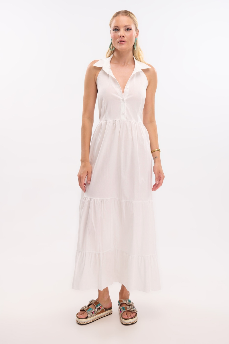 Maxi Dress with Collar, Backless & Buttons