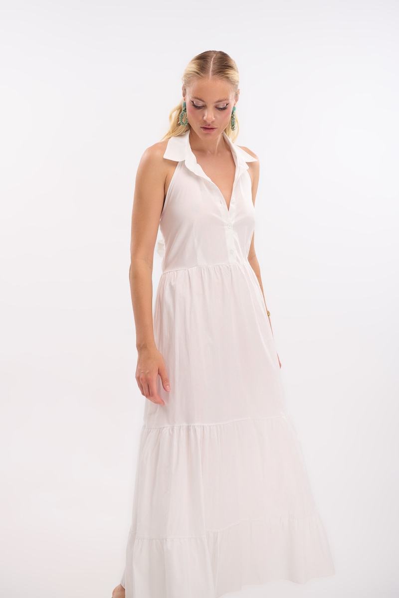 Maxi Dress with Collar, Backless & Buttons