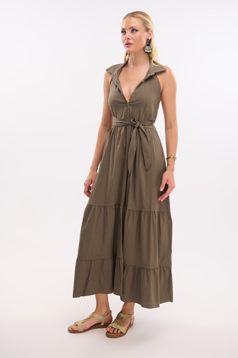Maxi Dress with Collar, Backless & Buttons
