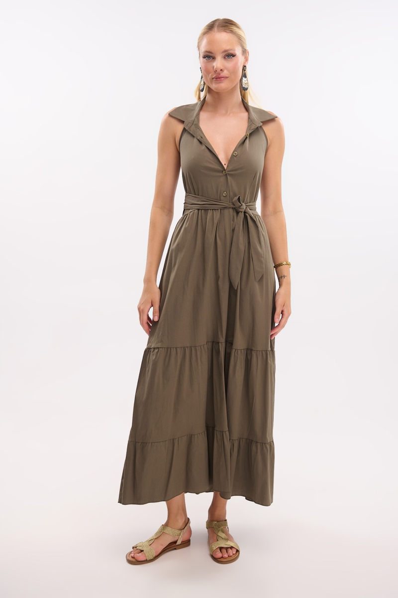Maxi Dress with Collar, Backless & Buttons