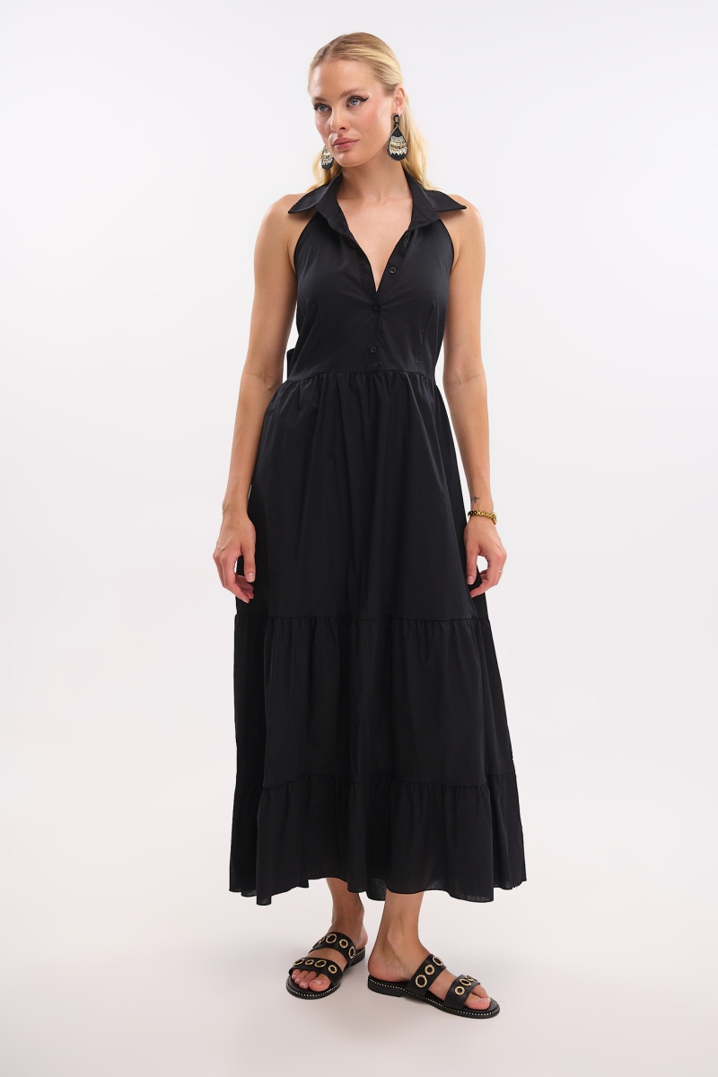 Maxi Dress with Collar, Backless & Buttons