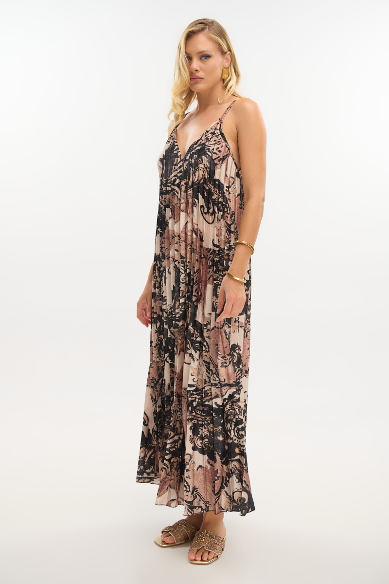 Paisley Pleated Maxi Dress with Subtle Shine