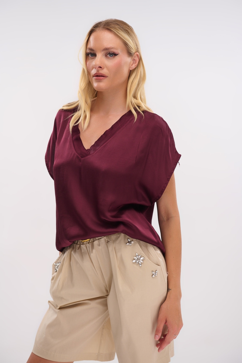 Satin Short-Sleeve V-Neck Top – Shine with Style