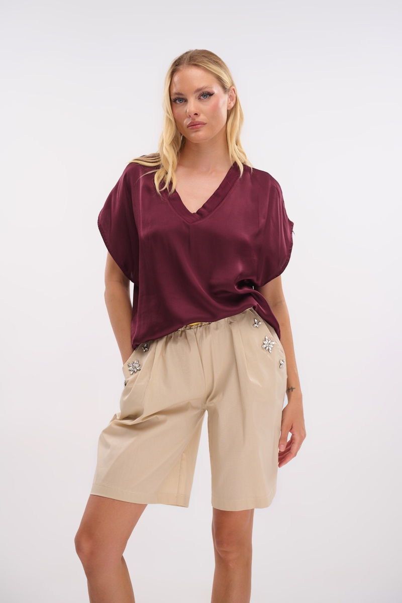 Satin Short-Sleeve V-Neck Top – Shine with Style