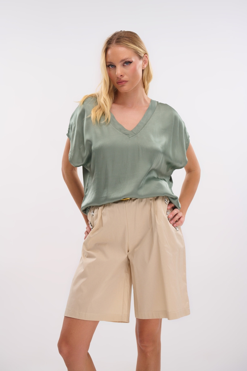 Satin Short-Sleeve V-Neck Top – Shine with Style