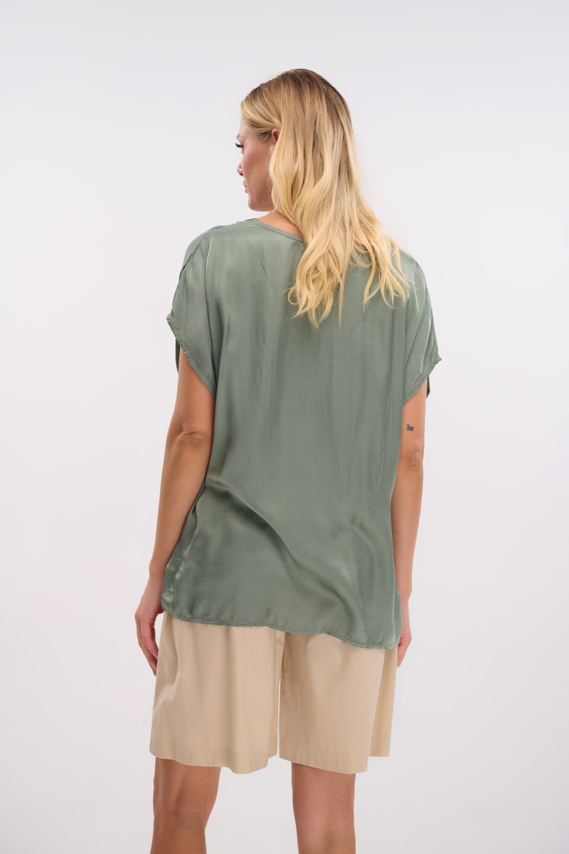 Satin Short-Sleeve V-Neck Top – Shine with Style