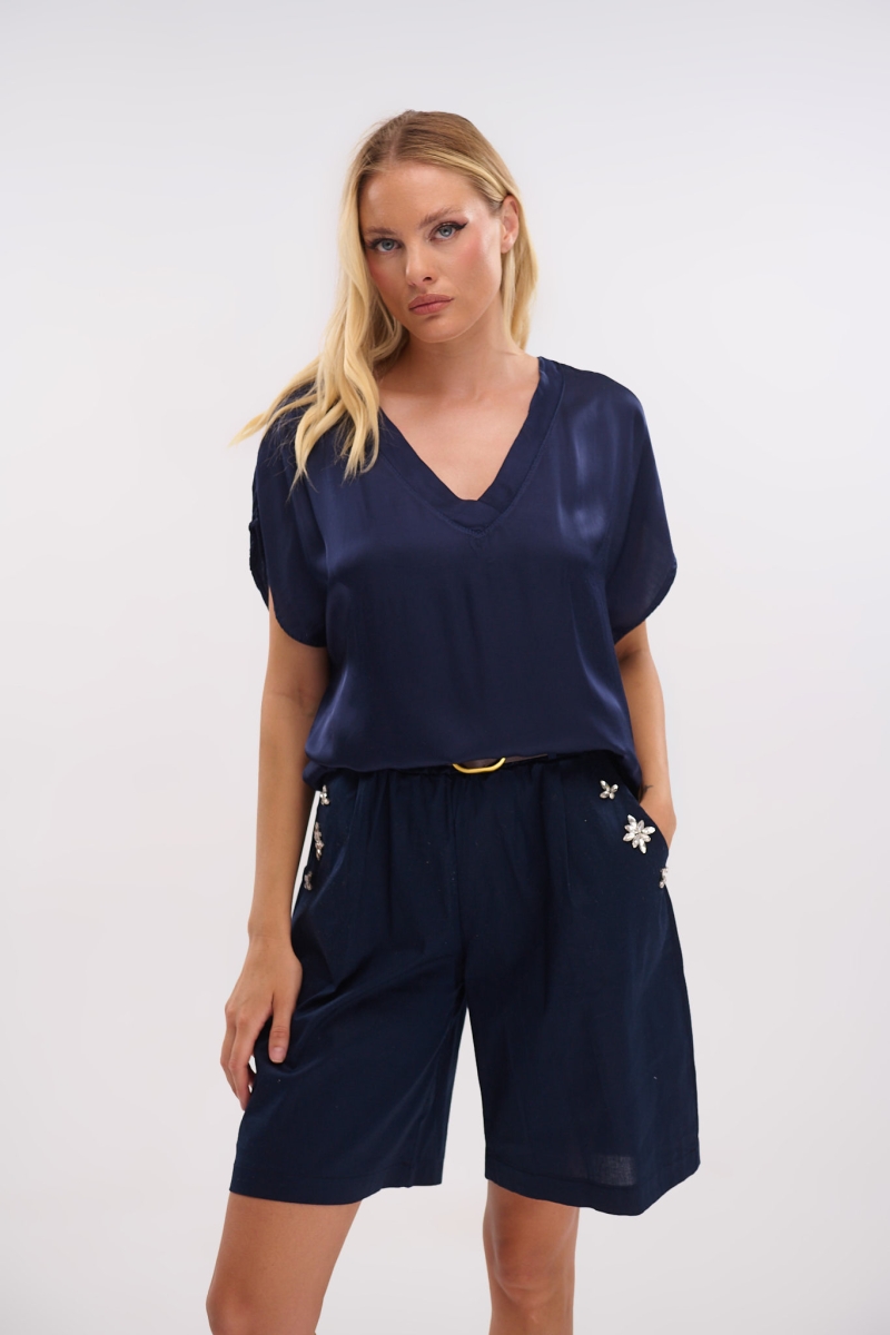 Satin Short-Sleeve V-Neck Top – Shine with Style
