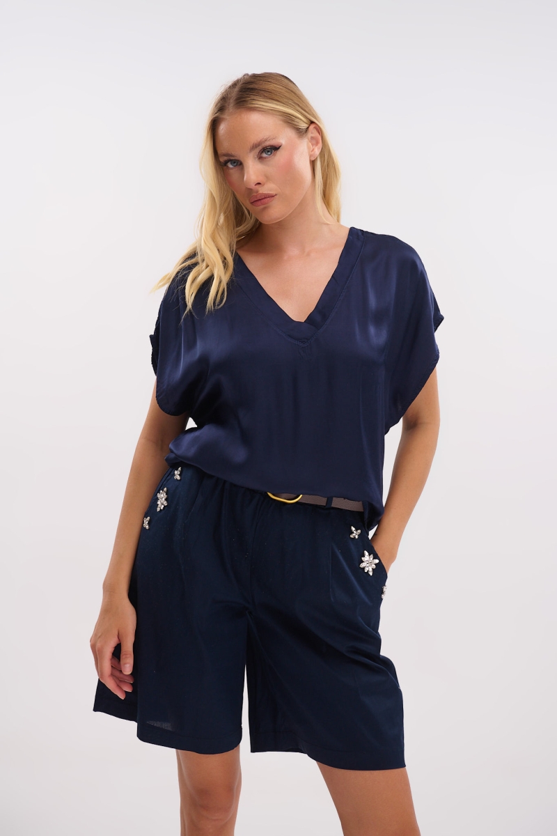 Satin Short-Sleeve V-Neck Top – Shine with Style