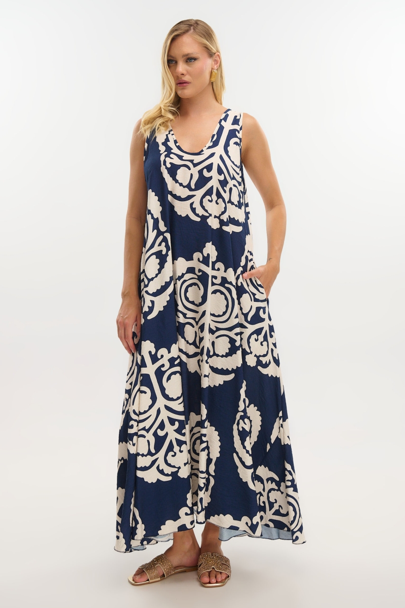 Bold Two-Tone Maxi Dress with Wide Straps & Statement Paisley