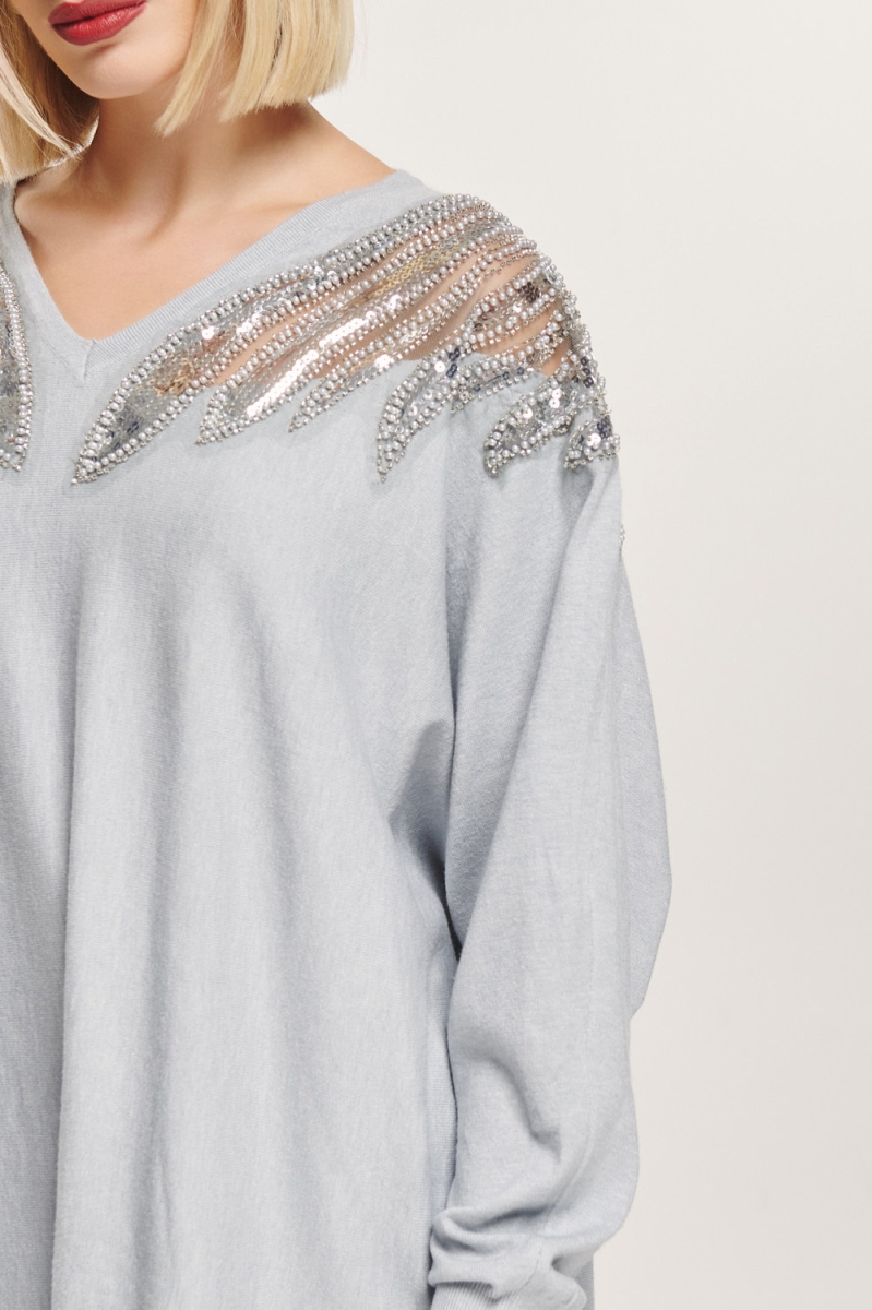 Sequin Feather Design Long Sleeved Blouse