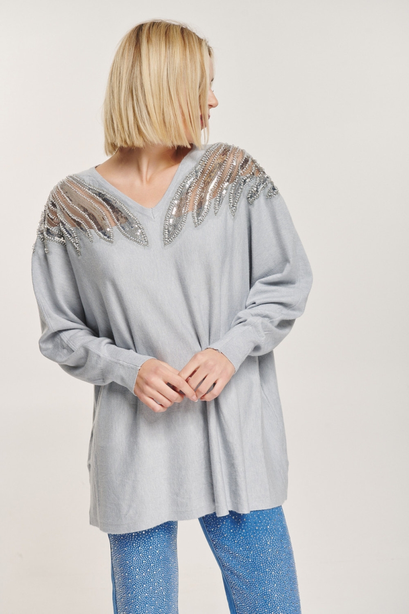 Sequin Feather Design Long Sleeved Blouse