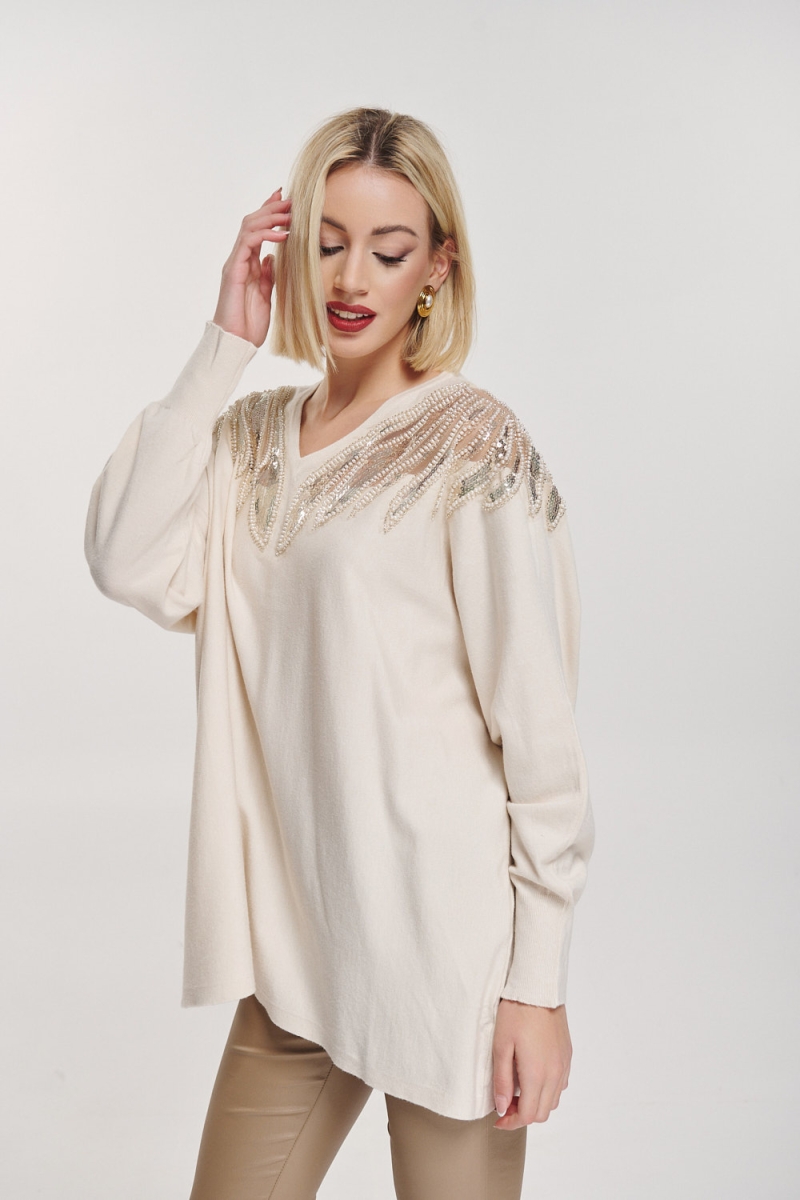 Sequin Feather Design Long Sleeved Blouse