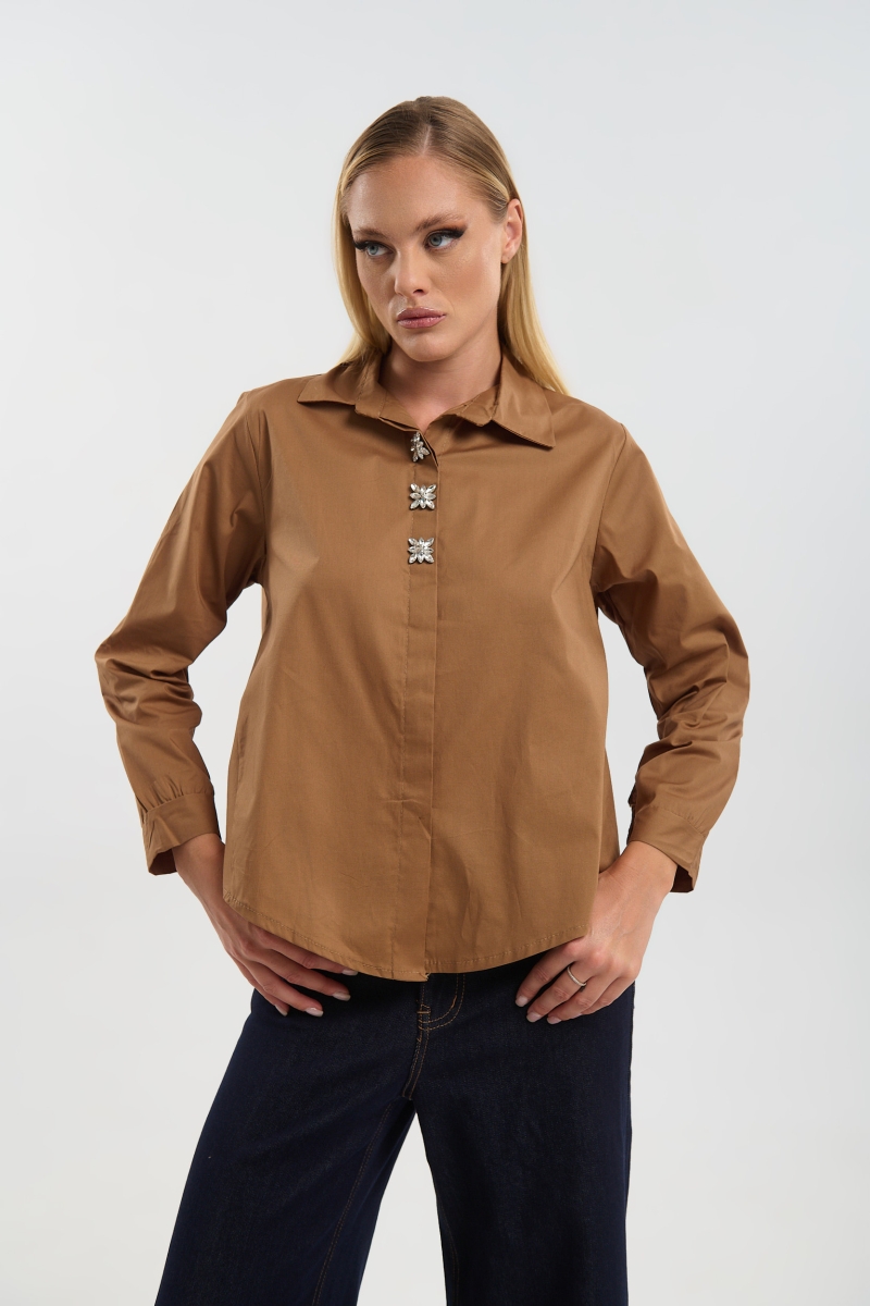 Poplin Shirt with Rhinestone Buttons