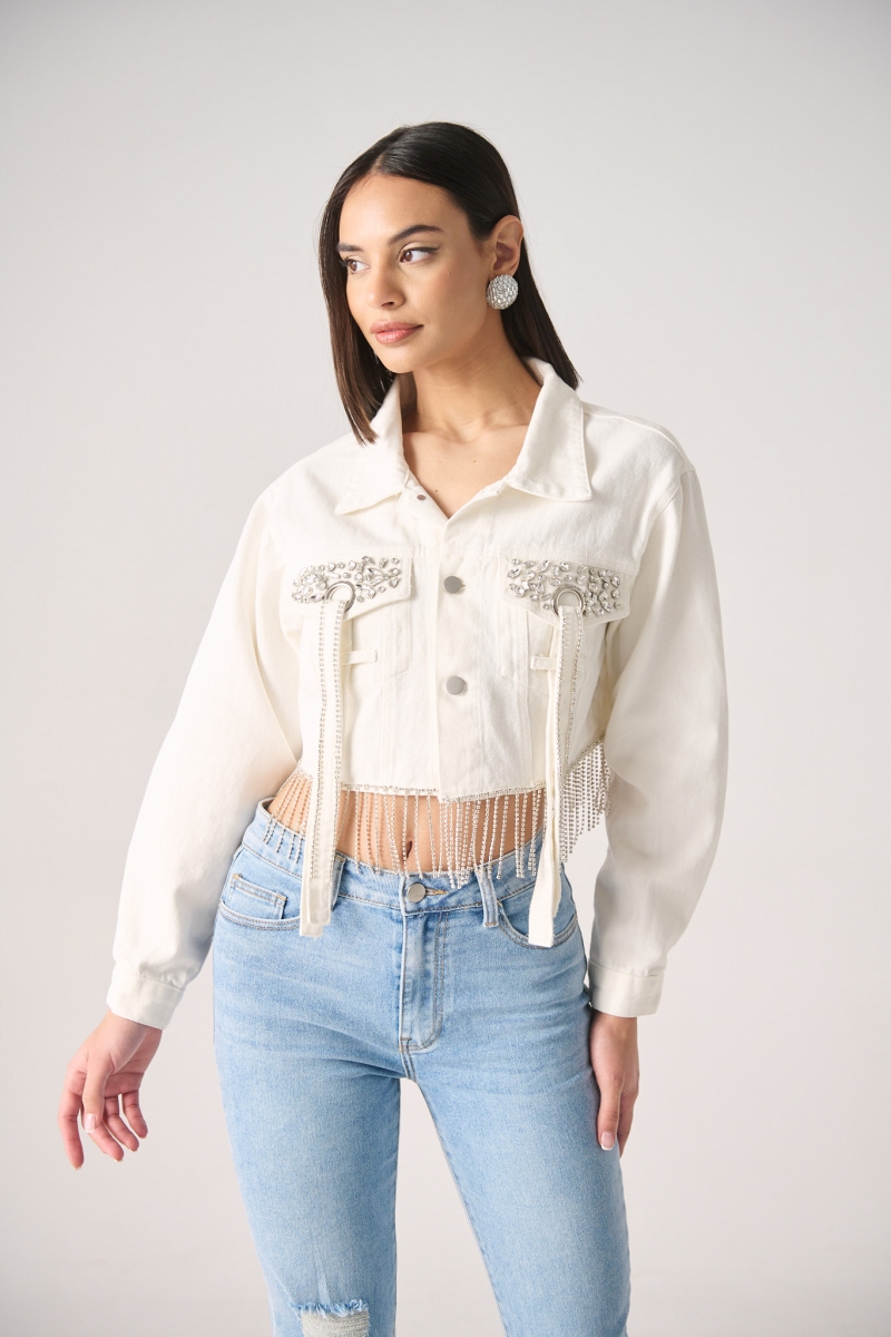 Crop Denim Jacket With Hanging Rhinestones