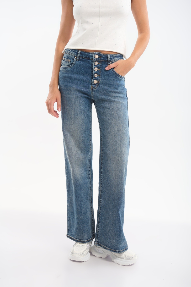 Τζιν με Διακοσμητικά Κουμπιά Wide Leg