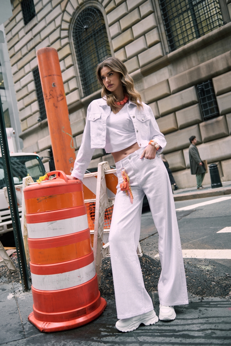 Straight Wide Leg Jeans with Rhinestones White