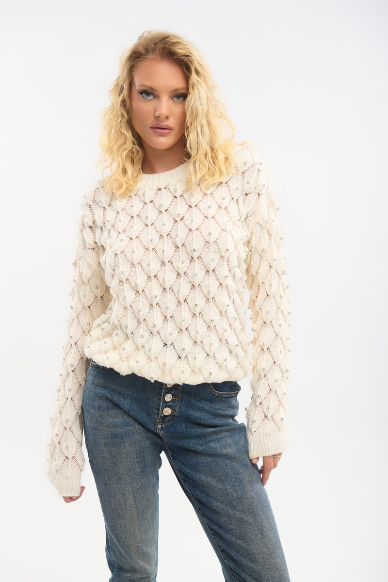 Textured Knit Sweater with Strass & High Neck – Chic & Elegant