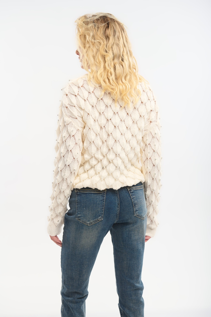 Textured Knit Sweater with Strass & High Neck – Chic & Elegant